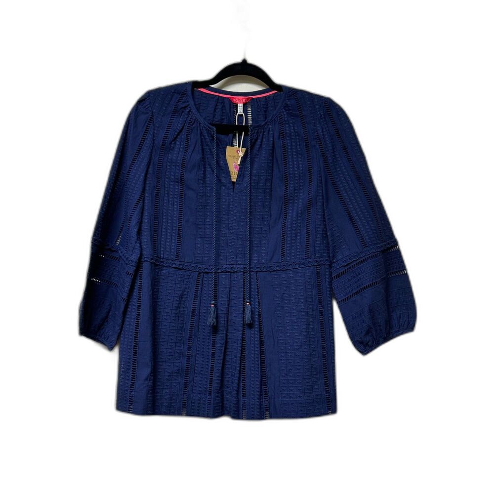 NWT JOULES French Navy Daria Embroidered Tassel Tie Top, Sz 8